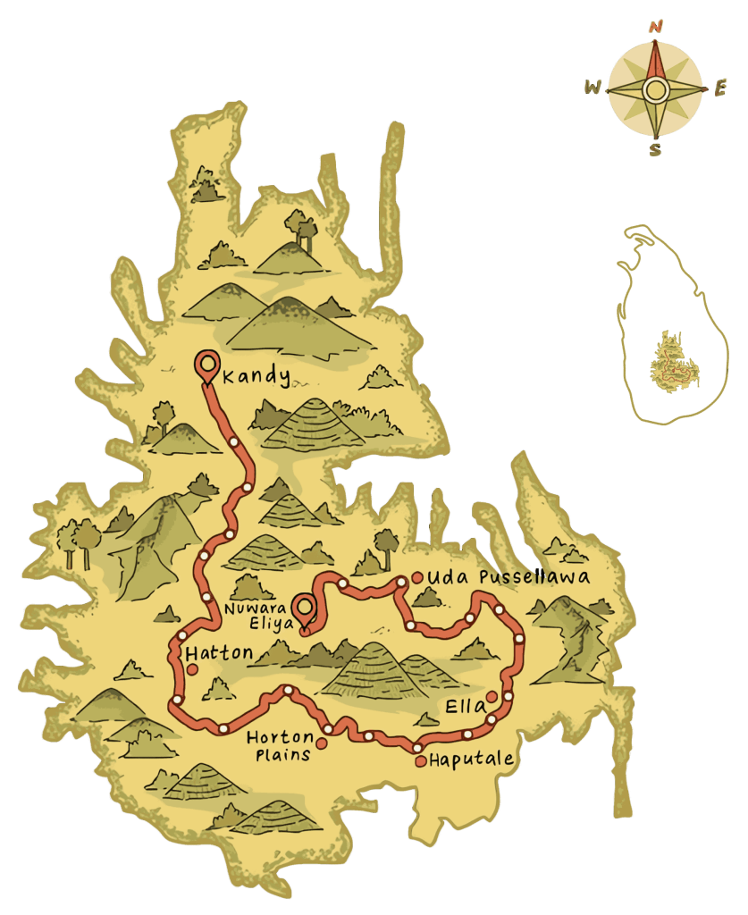 Illustrated map of the full Pekoe Trail across Sri Lanka's central highlands